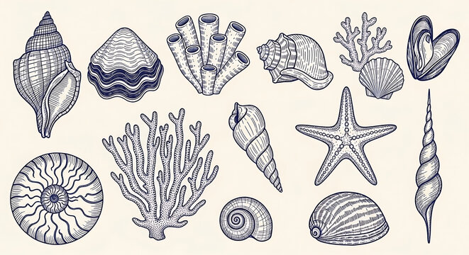 Detailed vintage illustration collection of marine life sketches including various seashells starfish and coral reef elements in a classic hand drawn ink style with seashell starfish collection