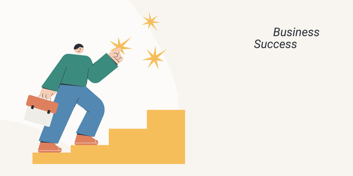 Flat design of a confident character climbing stairs while holding a briefcase and reaching for star bursts, symbolizing business success and career growth, ideal for motivation and corporate content.