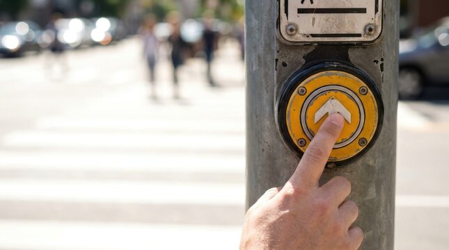 A person's finger presses a yellow pedestrian crossing button on a pole in a blurred urban street