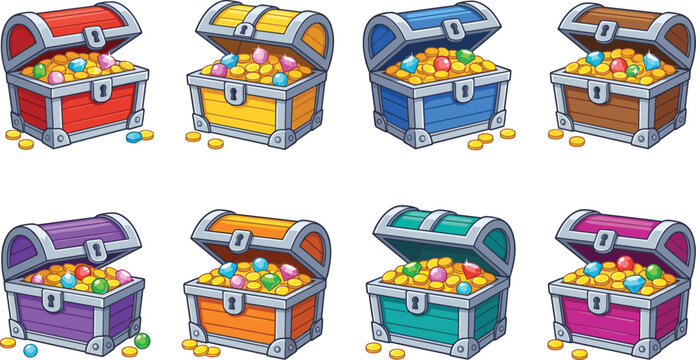 Vector illustration set of colorful treasure chests with gold coins and sparkling gems, pirate loot asset pack