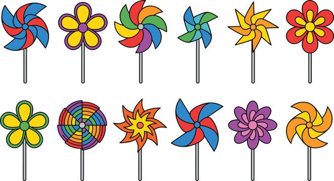 Set of colorful pinwheels and flower wind spinners vector illustration, garden toys collection, isolated white background