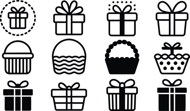 Gift, basket icon with black hamper silhouette and present boxes with bows, vector illustration for birthday holiday Christmas and giveaway celebrations.