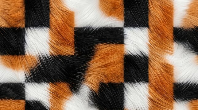 Abstract checkerboard pattern created from textured animal fur in orange, black, and white, offering a playful and tactile visual experience.