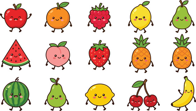 Cute kawaii fruit cartoon characters collection set with smiling faces vector illustration isolated on white background