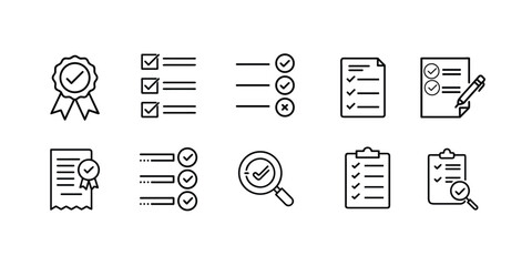 Checklist checkmark evaluation web line icons set verified guarantee ribbon task list checkbox survey paper pen clipboard audit & more vector with editable stroke © Purnima