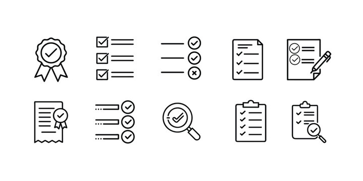 Checklist checkmark evaluation web line icons set verified guarantee ribbon task list checkbox survey paper pen clipboard audit & more vector with editable stroke