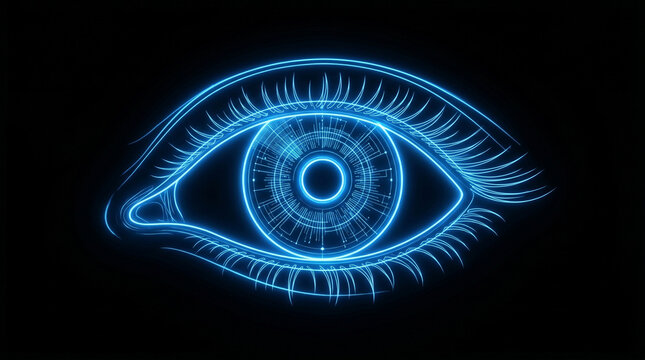 Glowing blue digital eye illustration featuring intricate circuit patterns and neon light lines forming a human iris shape in this artistic futuristic photograph created with advanced computer generat