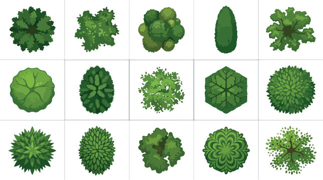Top view tree icons set, 15 green plant symbols for landscape design, aerial forest and garden plan vector elements, architectural site planning map symbols