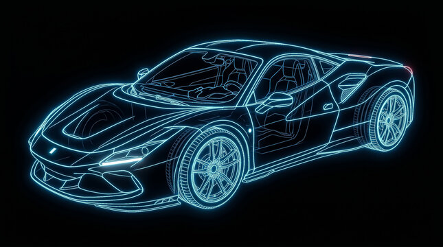 This digital art photograph depicts a futuristic glowing cyan wireframe outline of a high performance luxury sports car rendered with intricate neon light lines against a deep dark black environment