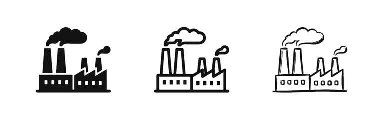 Fototapeta premium Factory Industry Icon Set - Manufacturing and Pollution Symbols in Solid Outline and Hand Drawn Styles