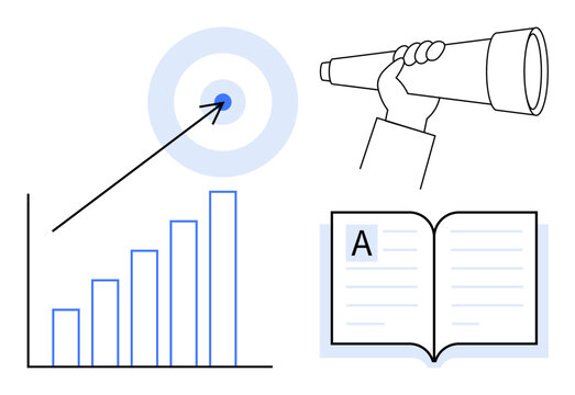 Business planning, strategic growth, education, goal achievement, vision, success. Includes a bar chart with an arrow, a hand holding a telescope and an open book. Business growth and strategic