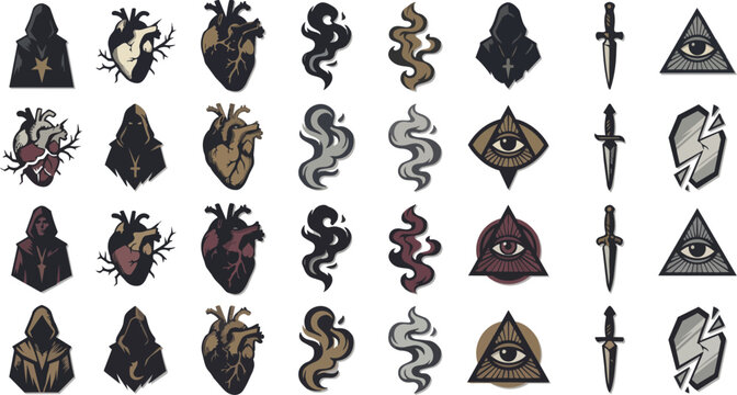 Various occult mystical symbols icons.