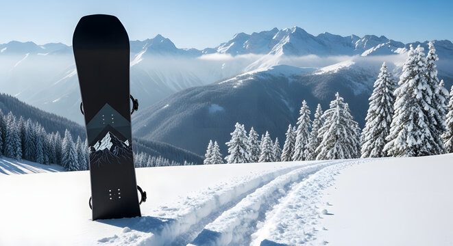 Black snowboard on snowy mountain slope.