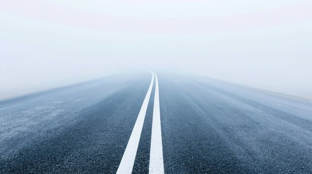 Empty road disappearing into minimal dense fog, conveying journey, uncertainty, and a sense of the unknown