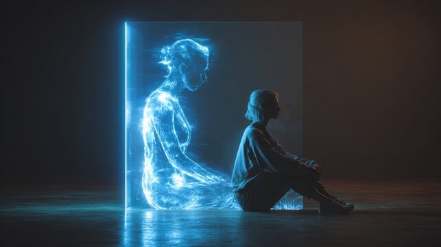 Human Figure Sitting Beside Glowing Holographic Image of Another Self in a Dark Atmospheric Environment