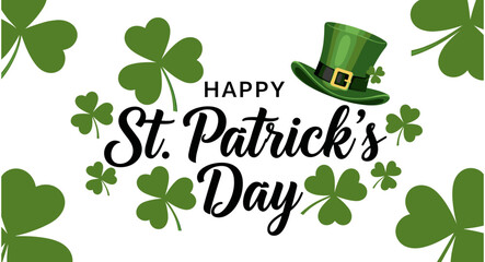 Happy St Patrick Day greeting card with green shamrocks, clovers, and leprechaun hat, festive holiday background, isolated on white vector.  © Ahsan