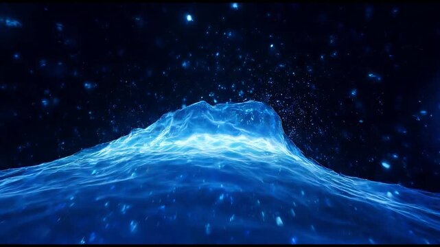 Luminous blue laser beams crossing over a digital sea creating an explosion of light particles in a futuristic abstract background