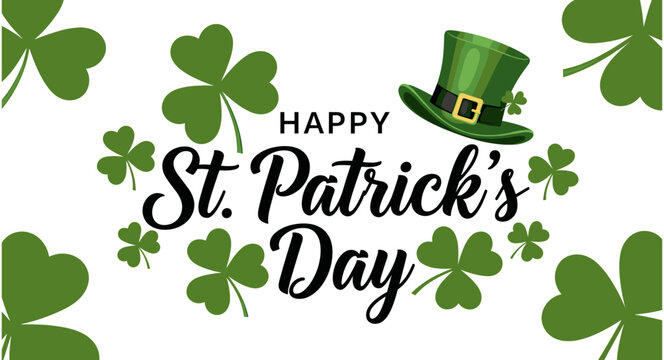 Happy St Patrick Day greeting card with green shamrocks, clovers, and leprechaun hat, festive holiday background, isolated on white vector.
