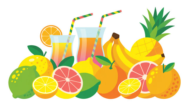 Fresh tropical fruits including pineapple, orange, mango, and papaya with juice in summer Vector