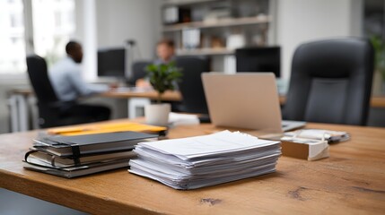 Naklejka premium An organized wooden desk filled with professional business documents and notebooks in a modern workspace setting