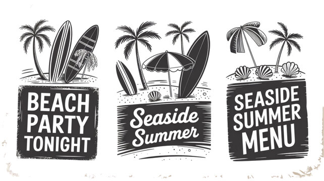 Beach party celebration sign with palm trees and tropical drinks vector illustration Vector