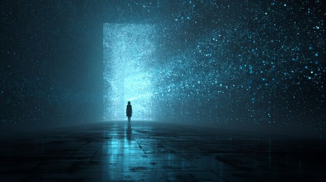 A Sole Figure Navigating a Vast Digital Universe of Stars and Light in a Concept of AI Isolation