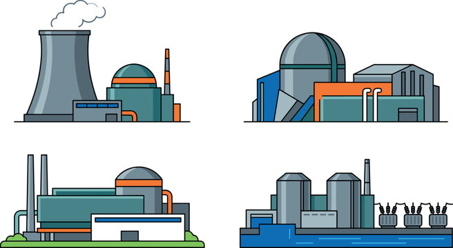 Nuclear Power Plant and Industrial Energy Factory Vector Illustration Set Featuring Cooling Tower Reactor Domes Chimneys and Electricity Substation Building Infrastructure