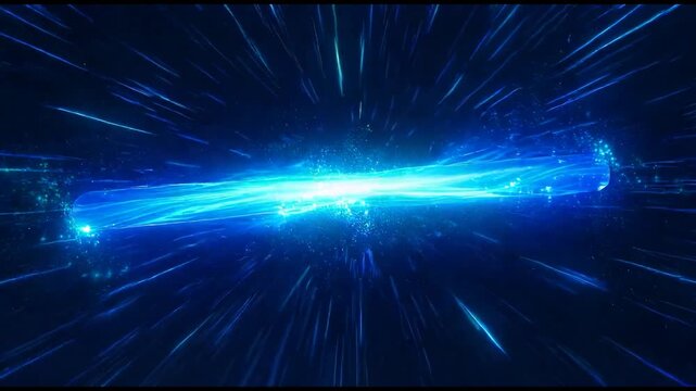 Luminous blue line exploding into a cosmic wormhole or interstellar light speed travel through a time vortex in deep space