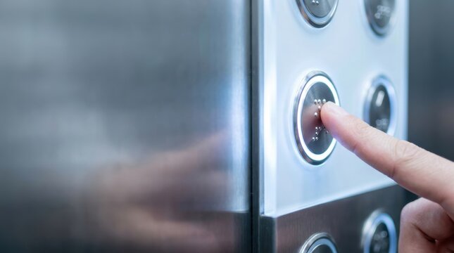 A finger presses an illuminated elevator button with Braille dots Universal design