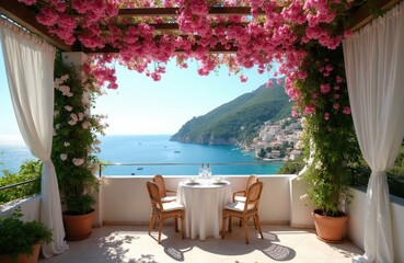 Fototapeta premium Terrace cafe with table set for meal overlooks sea bay town. Flowers bloom on pergolas above ocean coastal view. Sunny day on Mediterranean island resort.