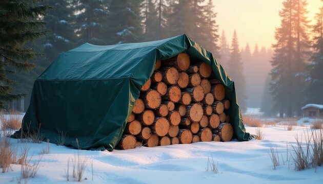 Logs stacked in snow covered forest scene. Green tarp protects timber pile. Winter outdoor storage for firewood warmth and home heating fuel. Rural landscape background with pine trees.