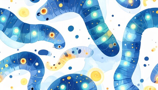 Glowing Worms Seamless Pattern in Cave Setting Blue Bioluminescent Illustration