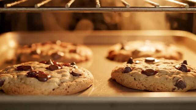 Golden brown chocolate chip cookies, freshly baked to perfection on a metal baking sheet inside a warm, glowing oven, filling the air with a comforting aroma while preparing for a delicious