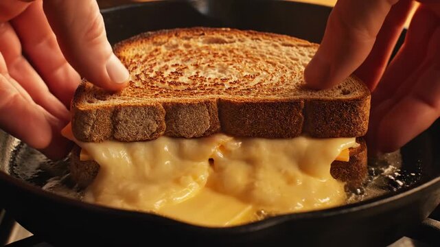 Two skillful hands carefully press a golden-brown toasted bread sandwich filled with gooey melted cheese as it sizzles and cooks in a hot black cast iron frying pan, preparing a delicious