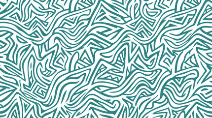 Fototapeta premium Seamless Abstract Pattern with Teal Wavy and Jagged Tribal Style Lines on White Background