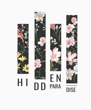 hidden paradise slogan with colorful flowers on stripe background vector illustration - drawn by hand not generative AI