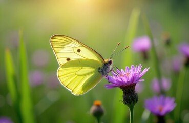 Fototapeta premium Yellow butterfly sips nectar from purple flower. Macro shot shows insect wings, antennae, and fluffy body. Soft green grass and blooms create bokeh background.