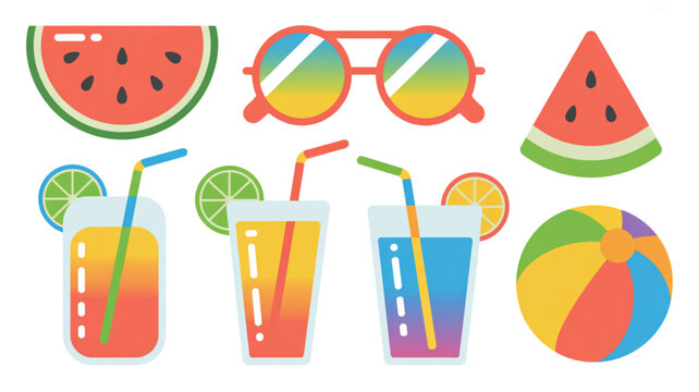 Set of colorful summer fruits and vegetables icons in flat design style Vector