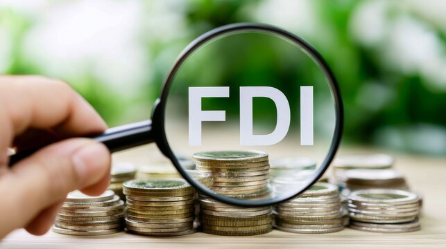 Magnifying glass highlighting FDI letters over stacks of coins, symbolizing foreign direct investment analysis and capital growth