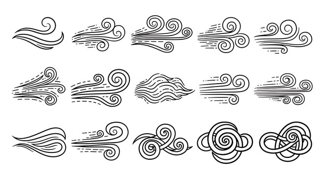 Set of hand-drawn wind element illustrations with various swirling and flowing air current patterns depicting movement and dynamic weather conditions line art illustration abstract movement