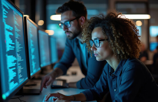Two diverse engineers collaborating on code at glowing computer screens. Team works on software development project in modern office. Man points at monitor, woman types on keyboard.
