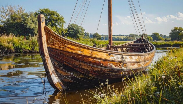 Traditional wooden punt boat moored in shallow river with lush greenery and clear sky