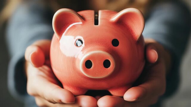 Pair of human hands gently cradles glossy pink piggy bank, symbolizing financial growth and diligent saving for secure future.