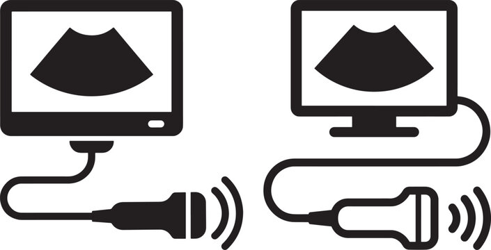 Ultrasound machine icons black and white medical technology.
