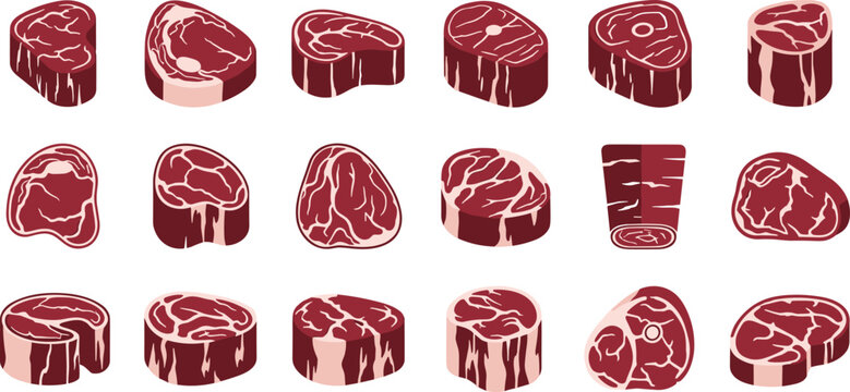 Isometric flat vector illustration large set featuring fresh raw marbled beef steaks tenderloin medallions ribeye loins and round fillet cuts isolated on transparent background