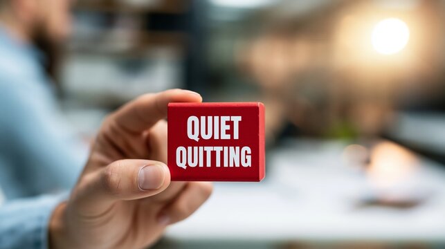 Hand holding quiet quitting block, symbolizing a modern workplace trend and employee career boundaries