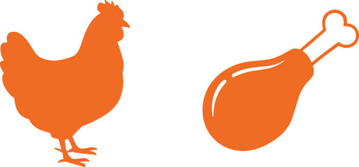 Minimal orange chicken silhouette vector icon set featuring a solid standing hen shape and a glossy fast food fried drumstick leg isolated on a transparent grid background © HELEN QUEEN