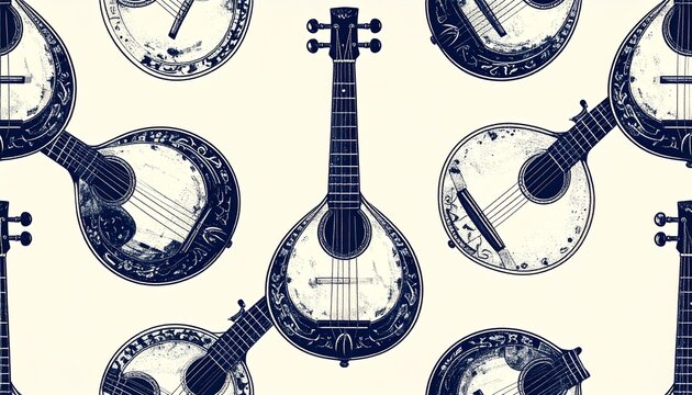 Traditional Japanese shamisen lute seamless pattern in black and white line art illustration