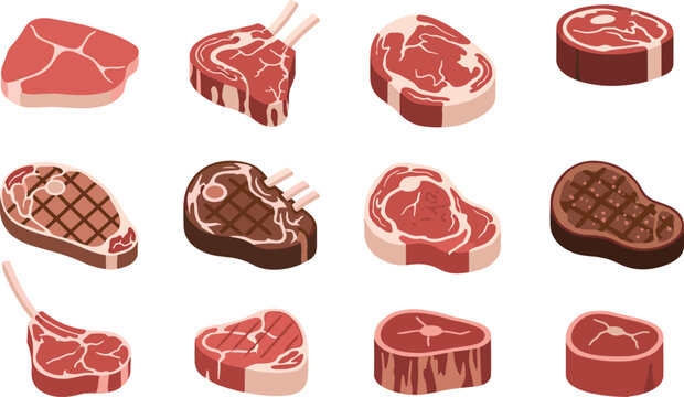 Isometric flat vector illustration set of raw and grilled meat cuts including ribeye beef steaks lamb ribs tbone and tenderloin chops isolated on transparent background