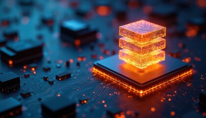 Fototapeta na wymiar Glowing layered stack icon sits on microchip base. Circuit board shows data processing tech. Futuristic digital infrastructure and cloud computing connection. Information flow on system.